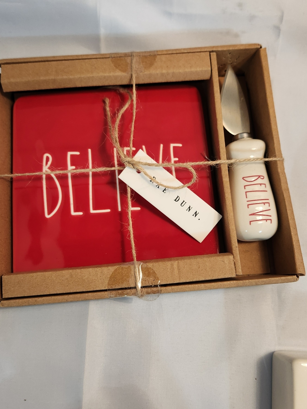 Rae Dunn Red 'Believe' Ceramic Cheese Plate with Cream Handle Knife
